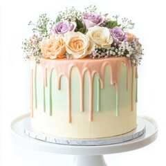 birthday cake with soft peach, mint, and lavender layers of fondant, a light drizzle of white chocolate ganache
