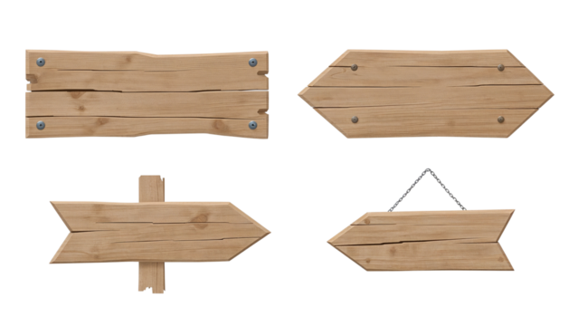 Collection of weathered wooden signs on an isolated transparent background providing clear