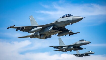 Three military jets in flight against a bright blue sky with clouds