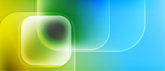 Abstract background features vibrant gradients. Yellow, green, blue hues blend smoothly. Rounded rectangles overlap creating soft glow effect. Modern design.