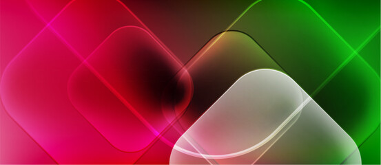 Abstract composition featuring overlapping squares, vibrant red, green hues. Smooth gradients create luminous effect, modern design.