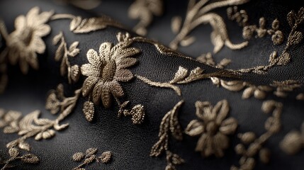 Naklejka premium Luxurious black fabric with intricate gold floral embroidery, elegant abstract pattern