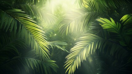 Sunlight streaming through tropical leaves. Neural network AI generated