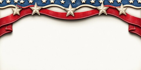 An American themed patriotic banner with stars and stripes waves above a white paper surface creating a festive backdrop for holiday celebrations and displays.