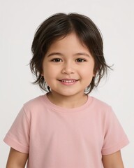 East Asian toddler girl wearing plain blush rose tshirt smiling happy portrait on plain white background