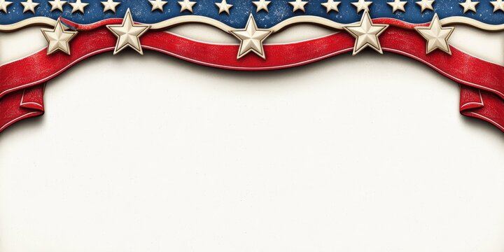 An American themed patriotic banner with stars and stripes waves above a white paper surface creating a festive backdrop for holiday celebrations and displays.
