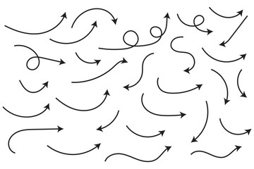 Hand drawn arrows icon set. Sketch curved arrows design. Arrow handmade. Doodle arrows of varios shapes and directions. Pointer and cursor icons.
