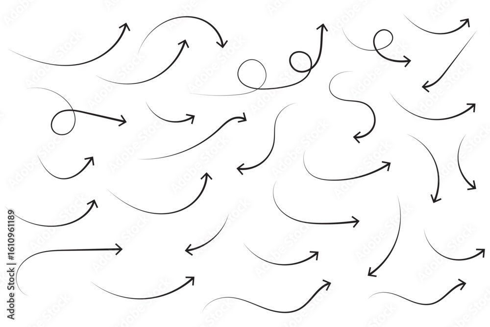 Poster hand drawn arrows icon set. sketch curved arrows design. arrow handmade. doodle arrows of varios sha