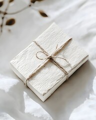 a blank kraft paper tag with a rough texture, tied with a natural jute twine loop, placed on a clean white background