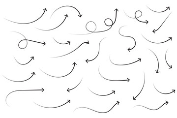 Hand drawn arrows icon set. Sketch curved arrows design. Arrow handmade. Doodle arrows of varios shapes and directions. Pointer and cursor icons.