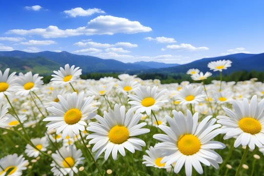 A field of daisies stretching to the horizon, creating a sea of white and yellow blossoms - Powered by Adobe