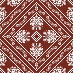 A complex pattern of repeating floral elements on a brown background. This symmetrical design features a detailed, ornate look that adds texture and sophistication to any project