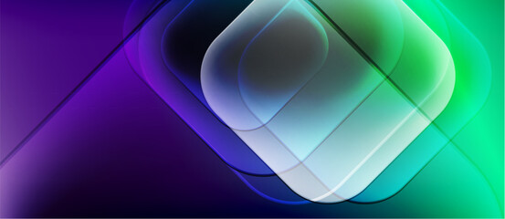 Abstract gradients blend, creating luminous shapes. Soft light transitions from purple to teal, evoking modern design aesthetic.