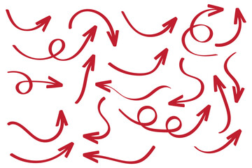 Hand drawn arrows icon set. Sketch curved arrows design. Arrow handmade. Doodle arrows of varios shapes and directions. Pointer and cursor icons.