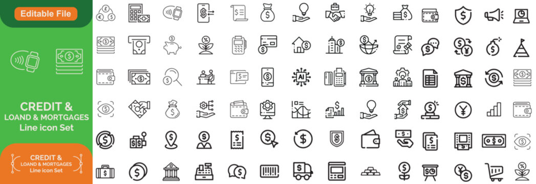Credit Loans and Mortgages web icons in outline style. Credit card, deposit, car leasing, rate interest, calculator, income, rating, collection. Editable stroke 