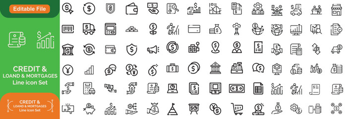 Credit Loans and Mortgages web icons in outline style. Credit card, deposit, car leasing, rate interest, calculator, income, rating, collection. Editable stroke 