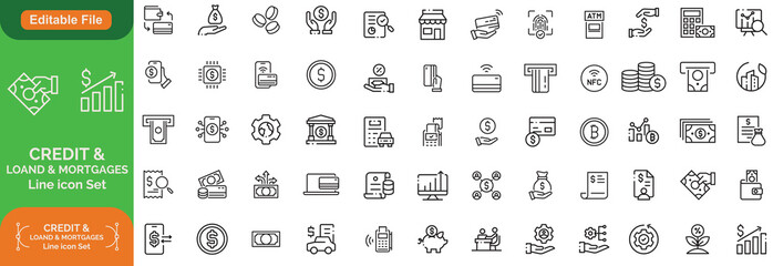 Credit Loans and Mortgages web icons in outline style. Credit card, deposit, car leasing, rate interest, calculator, income, rating, collection. Editable stroke 