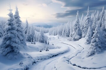 Fototapeta premium A snow-covered forest with a winding path leading through the magical winter landscape