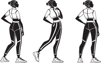 Elegant fashion silhouettes of three stylish women in sophisticated black and white suits posing confidently against a white background