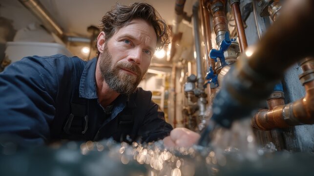 Focused plumber inspects leaky pipes. Use for plumbing service ads, home repair, or water damage.