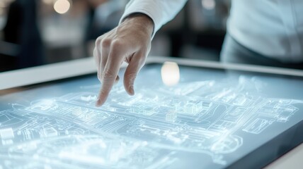A person interacts with a futuristic touchscreen displaying a digital architectural or city planning blueprint.