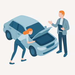 Flat Illustration Woman Examining Car Engine with Mechanic Assistance Scene
