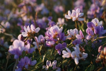 Obraz premium Purple crown vetch flowers bloom in a sunny field on a warm day. Use for nature, spring, background, or floral themed projects.