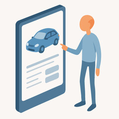 Isometric Man Pointing at Car on Tablet Screen Illustration