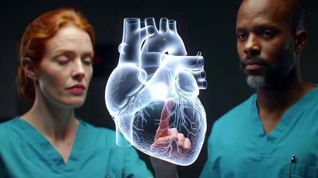 Two diverse doctors analyze a futuristic holographic heart using augmented reality technology for a detailed cardiovascular diagnosis in a modern medical lab. - Powered by Adobe