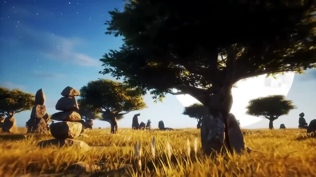 Moonlit field with stone stacks, trees, and night sky; peaceful scene