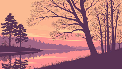 Obraz premium A serene landscape featuring trees reflected in calm water under a pastel colored sunset sky backdrop scene