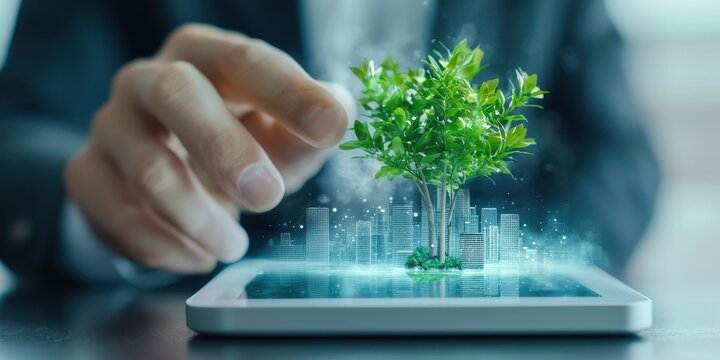 engineer blueprints sustainability Concept. A hand interacts with a smartphone displaying a digital tree and cityscape.