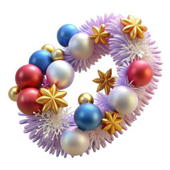 3d festive christmas wreath with ornaments isolated on transparent background