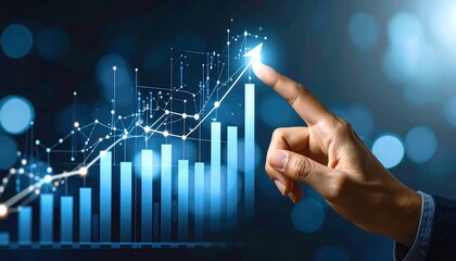 Hand interacts with a rising bar graph illustrating growth and data points