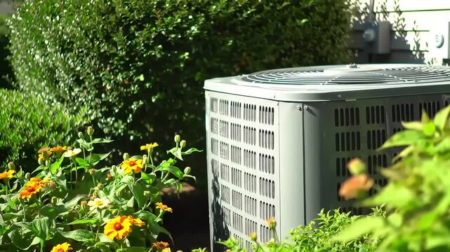 Outdoor AC unit in garden, flowers blooming, house background