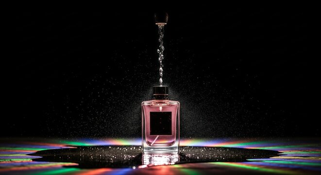 Elegant Perfume Bottle with Water Droplets and Rainbow Lighting