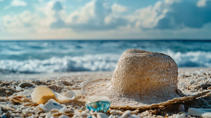 Straw hat rests on the beach beside seashells.