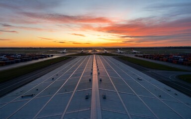 Obraz premium Vast Airport Runway Illuminated Under a Fiery Sunset Sky