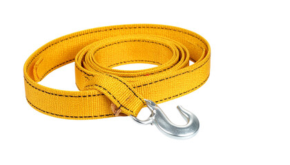 Yellow tow strap with metal hook for vehicle recovery and towing isolated on solid white background in Png