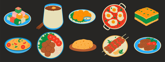 Turkish national food collection. Traditional dishes. Baklava, rahat lukum, boza, shish tawook, couscous, kofta, flatbread