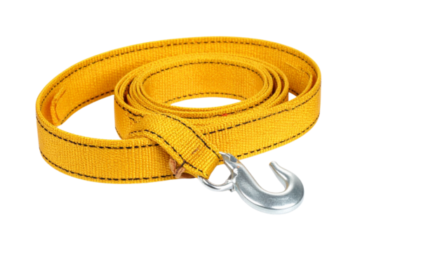 Yellow tow strap with metal hook for vehicle recovery and towing isolated on solid white background in Png
