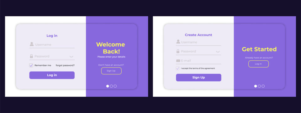 Register and login page layout. Clean sign up and sign in form templates with ux elements. Modern user registration ui design for web.
