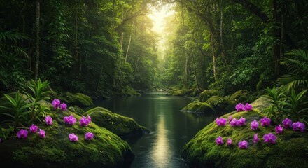 Obraz premium Tranquil Rainforest Stream with Vibrant Orchids and Lush Greenery in a Mystical Atmosphere