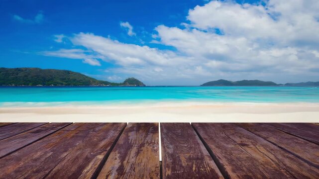 Close-up of wooden terrace pattern with beach and sea in the natural background