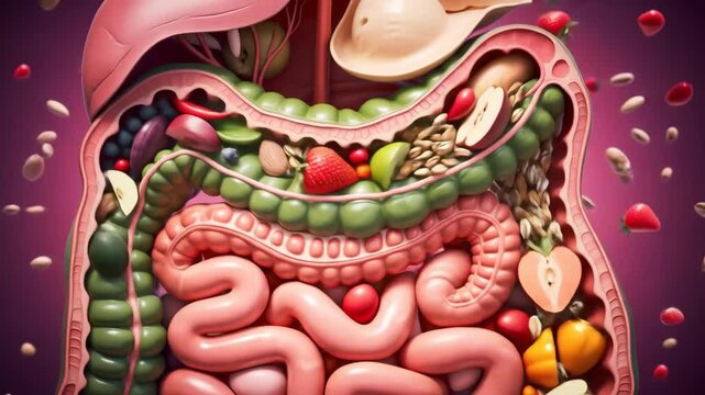Colorful cross-section view of the human digestive system
