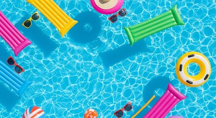 Fototapeta premium Vibrant Summer Pool Scene with Colorful Floaties and Party Accessories