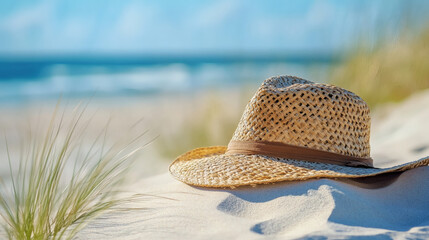 Straw hat resting on a beach of white sand.