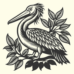 White pelican illustration with vintage floral seamless pattern decoration