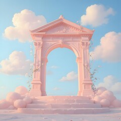 Fototapeta premium Discover the Charm of Pink Pastel Archway and Fluffy Clouds