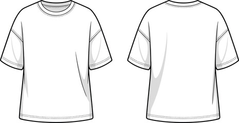Cad drawing flat vector illustration of oversized unisex t-shirt, front and back view, technical fashion sketch, round neck short sleeve tee shirt design template.